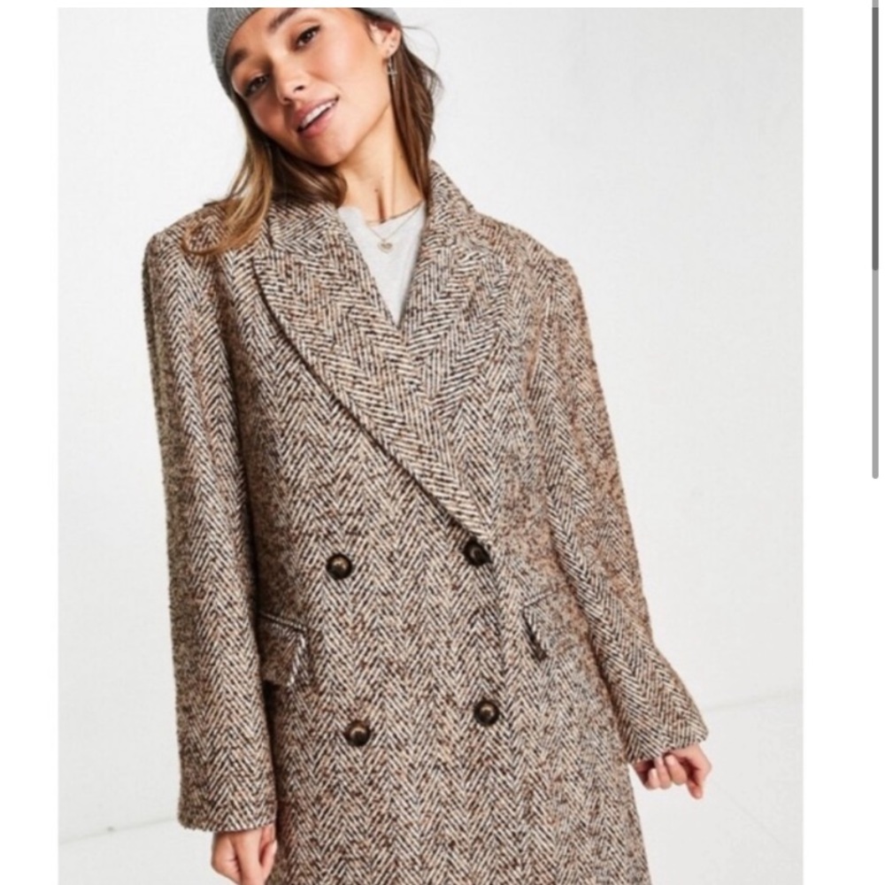 NWOT ASOS DESIGN Smart Herringbone Pea Coat Long Dad Coat Brown Boxy Oversized